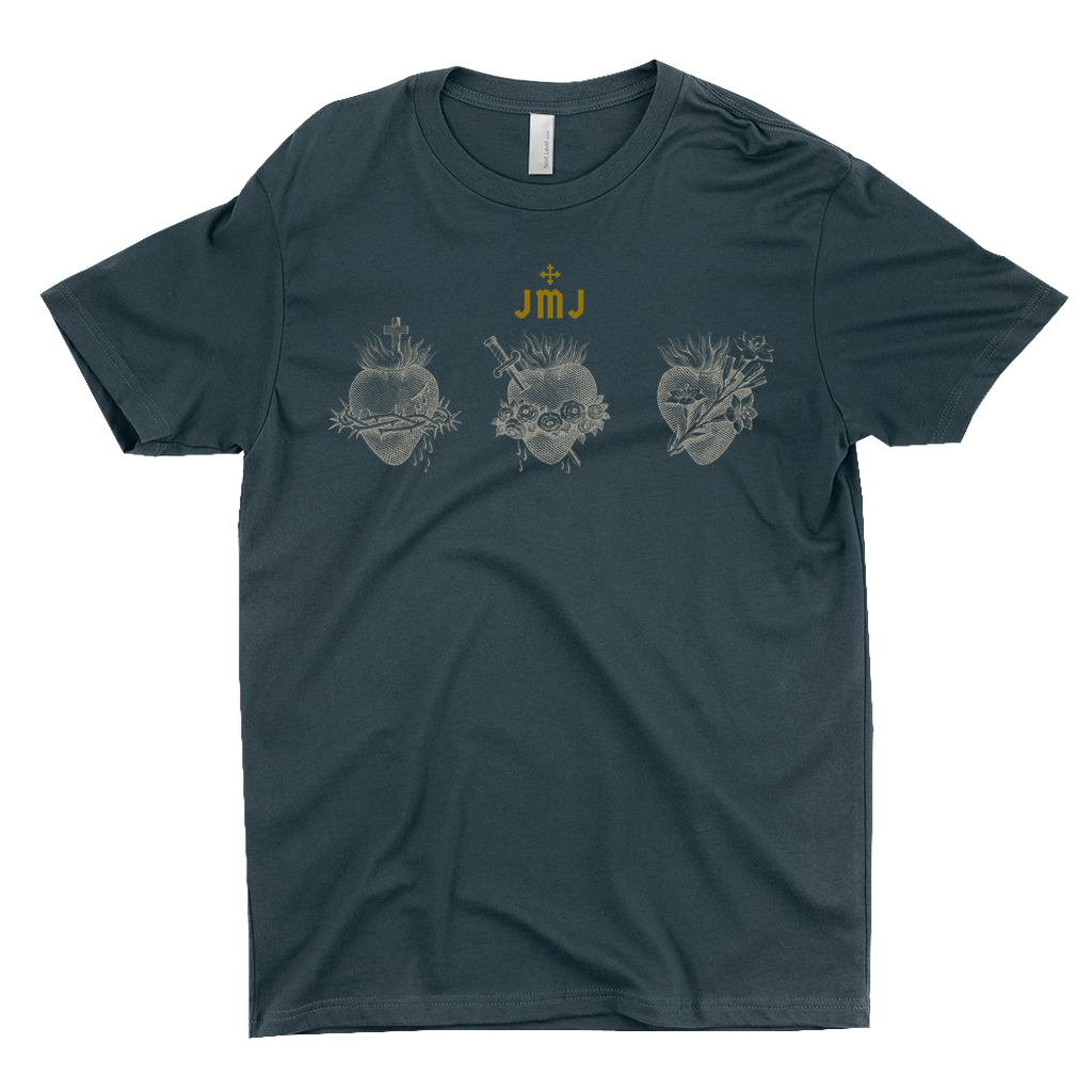 Burning Hearts Catholic T-Shirt Blue Front