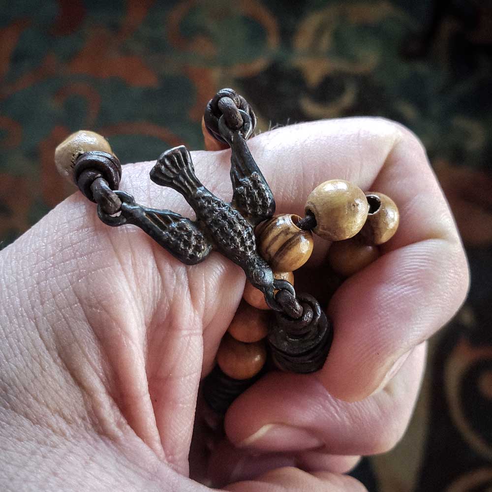 Cross and Shield Hand Knotted Leather Cord Olive Wood Rosary Centerpiece