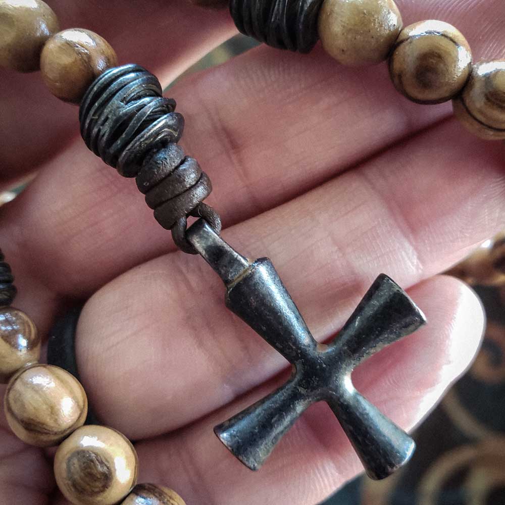 Cross and Shield Hand Knotted Leather Cord Olive Wood Rosary Cross