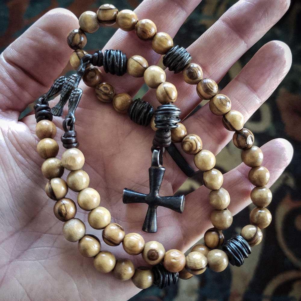 Cross and Shield Hand Knotted Leather Cord Olive Wood Rosary