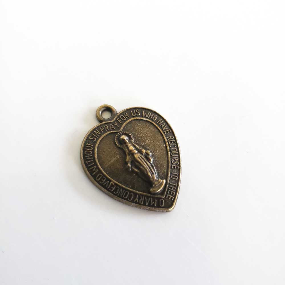 Miraculous Medal Heart Shaped Brass Finish