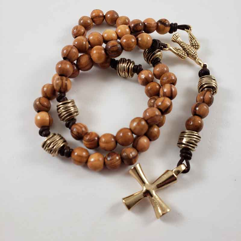 Cross and Shield Hand Knotted Leather Cord Olive Wood Rosary