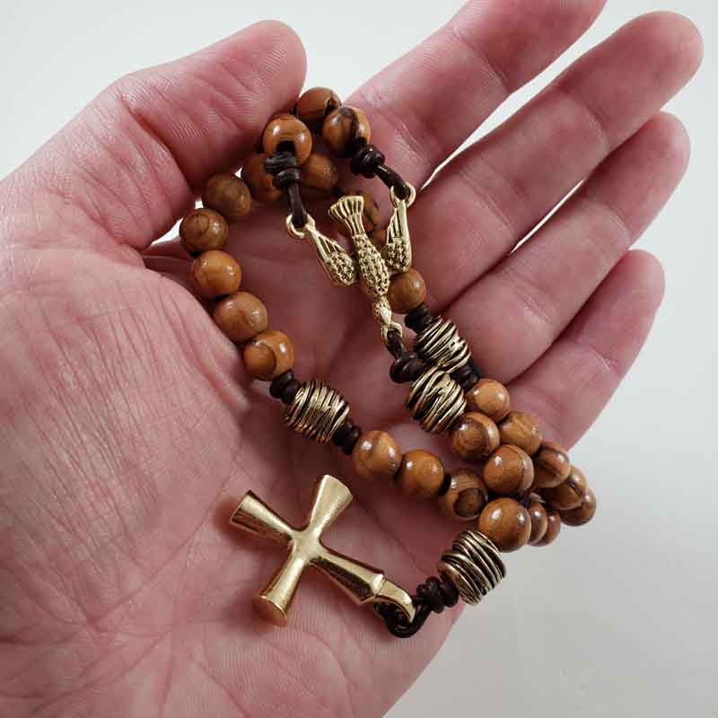 Cross and Shield Hand Knotted Leather Cord Olive Wood Rosary