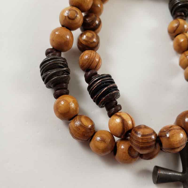 Cross and Shield Hand Knotted Leather Cord Olive Wood Rosary