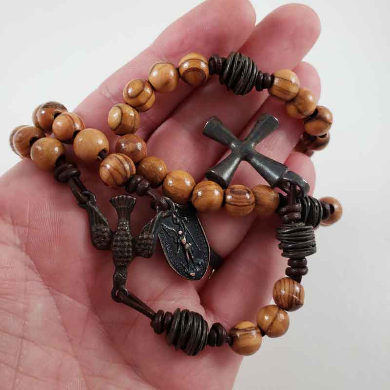 Cross and Shield Hand Knotted Leather Cord Olive Wood Rosary Saint Michael Medal
