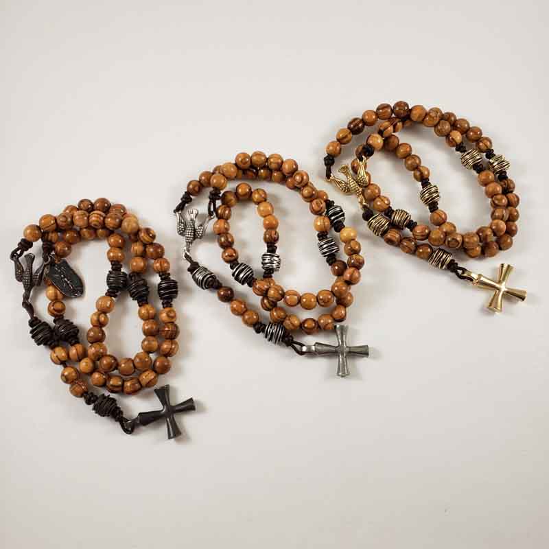 Cross and Shield Hand Knotted Leather Cord Olive Wood Rosary