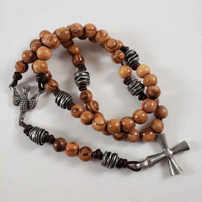 Cross and Shield Hand Knotted Leather Cord Olive Wood Rosary