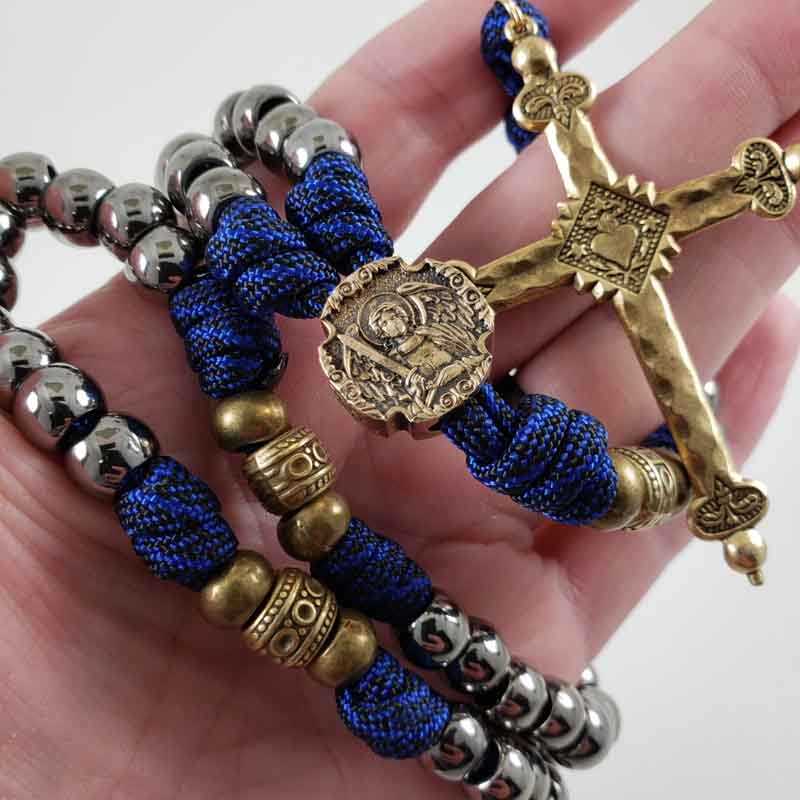 Handmade in the USA Saint Michael Thin Blue Line Paracord Rosary Size