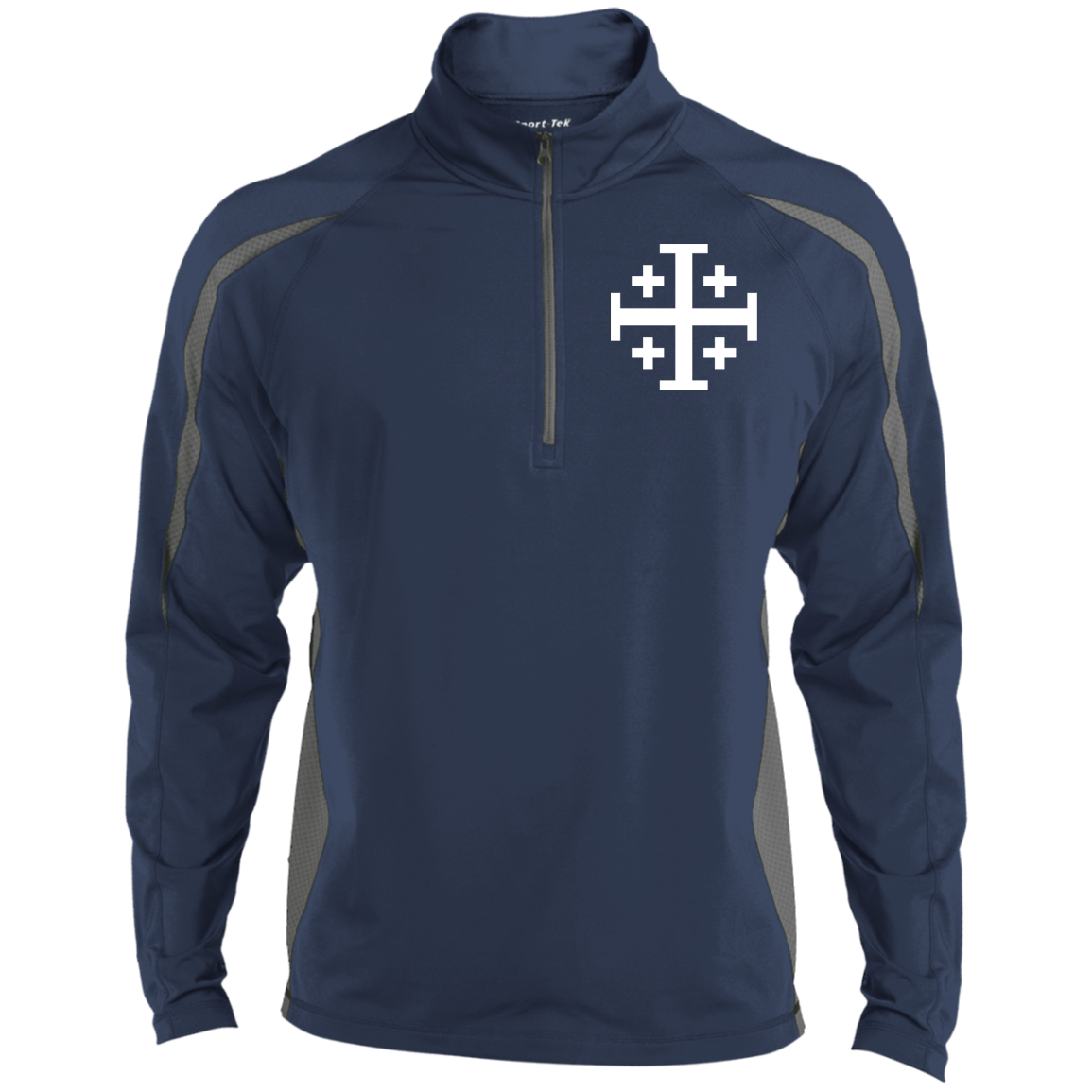Jerusalem Cross Embroidered Men's Sport Wicking 1/2 Zip Blue/ Grey