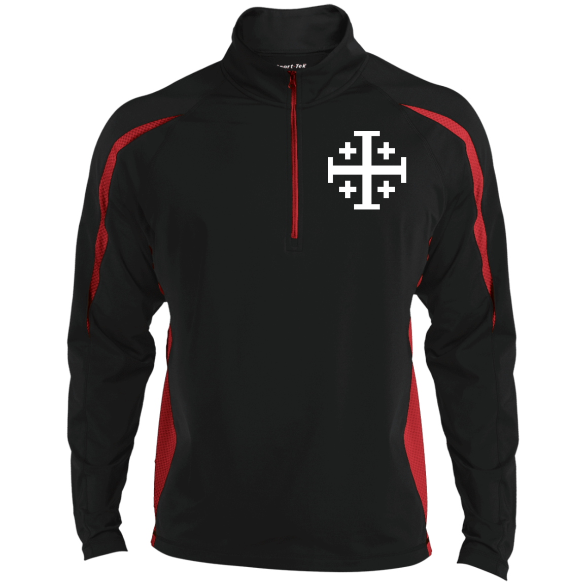 Jerusalem Cross Embroidered Men's Sport Wicking 1/2 Zip Black/ Red