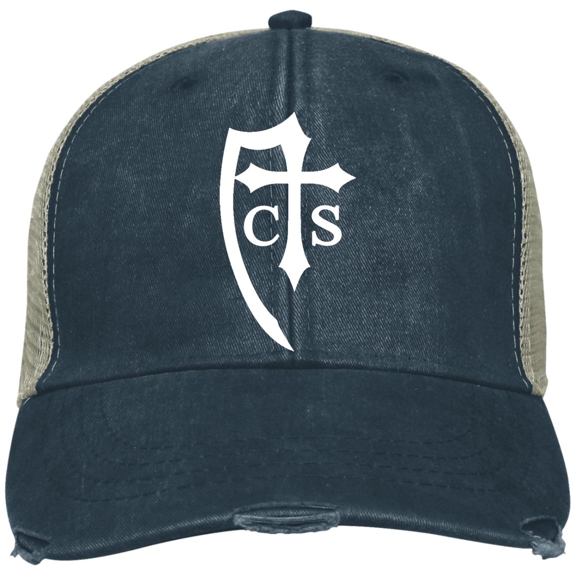 Catholic Cross and Shield Logo Snap Back Ball Blue Tan