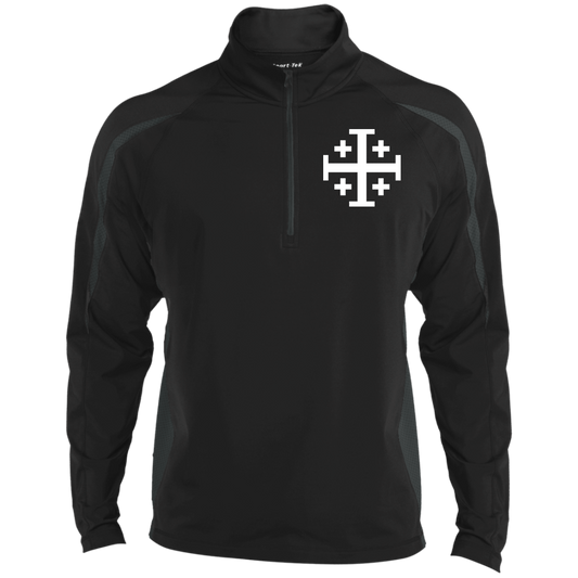 Jerusalem Cross Embroidered Men's Sport Wicking 1/2 Zip Black/ Grey