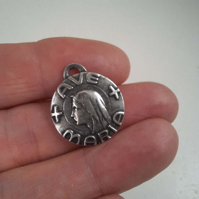 Virgin Mary Ave Maria Pewter Devotional Medal Pendant front